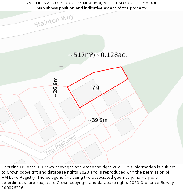 79, THE PASTURES, COULBY NEWHAM, MIDDLESBROUGH, TS8 0UL: Plot and title map