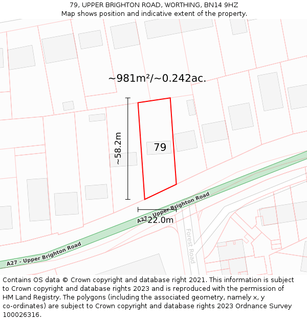 79, UPPER BRIGHTON ROAD, WORTHING, BN14 9HZ: Plot and title map