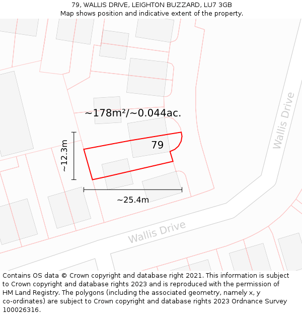 79, WALLIS DRIVE, LEIGHTON BUZZARD, LU7 3GB: Plot and title map