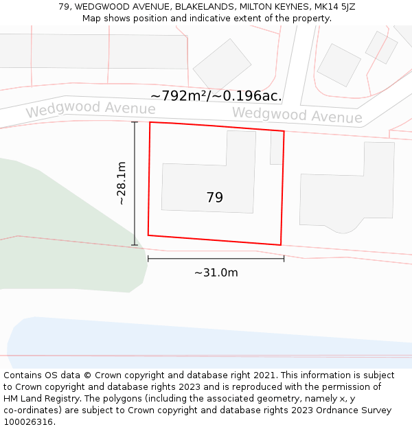 79, WEDGWOOD AVENUE, BLAKELANDS, MILTON KEYNES, MK14 5JZ: Plot and title map