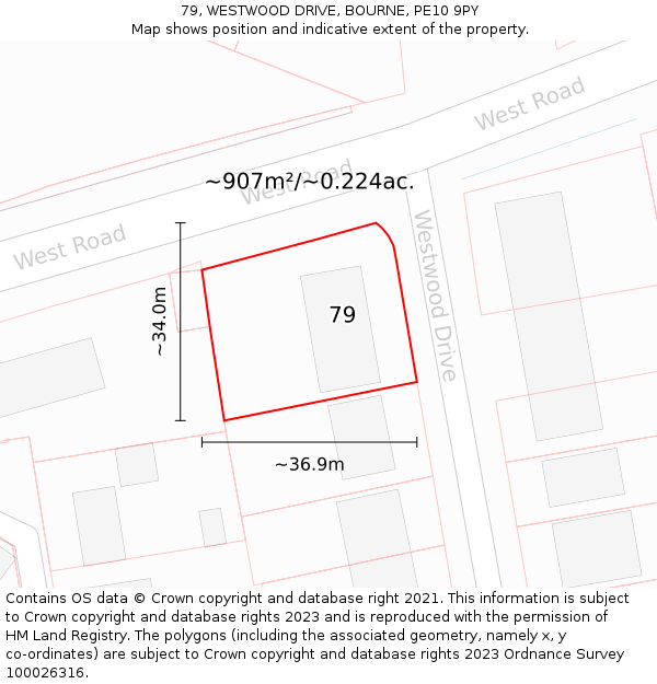 79, WESTWOOD DRIVE, BOURNE, PE10 9PY: Plot and title map