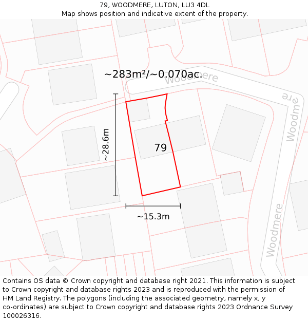 79, WOODMERE, LUTON, LU3 4DL: Plot and title map