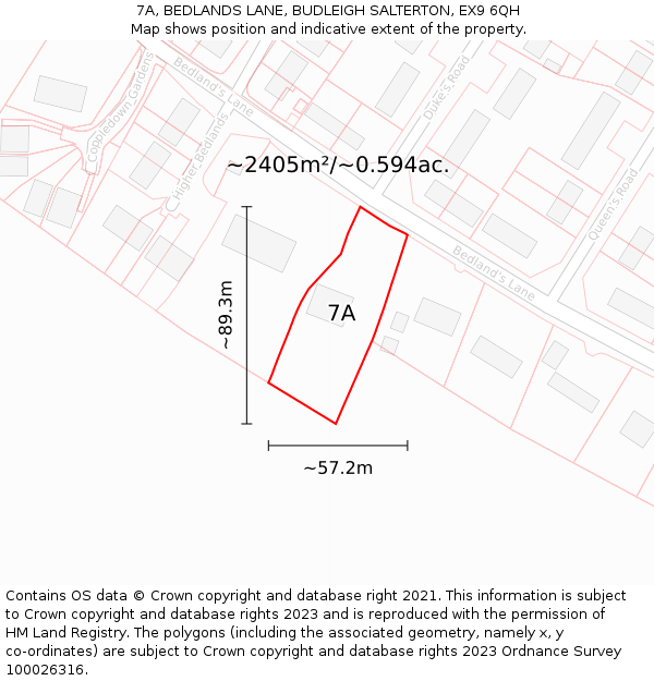 7A, BEDLANDS LANE, BUDLEIGH SALTERTON, EX9 6QH: Plot and title map