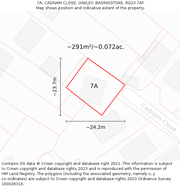 7A, CADNAM CLOSE, OAKLEY, BASINGSTOKE, RG23 7AF: Plot and title map