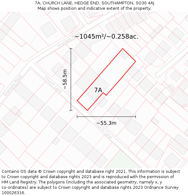 7A, CHURCH LANE, HEDGE END, SOUTHAMPTON, SO30 4AJ: Plot and title map