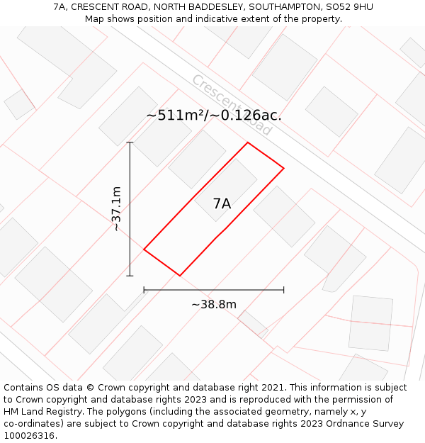 7A, CRESCENT ROAD, NORTH BADDESLEY, SOUTHAMPTON, SO52 9HU: Plot and title map