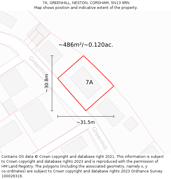 7A, GREENHILL, NESTON, CORSHAM, SN13 9RN: Plot and title map