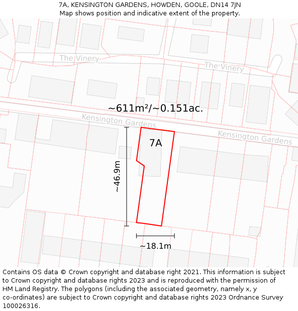 7A, KENSINGTON GARDENS, HOWDEN, GOOLE, DN14 7JN: Plot and title map