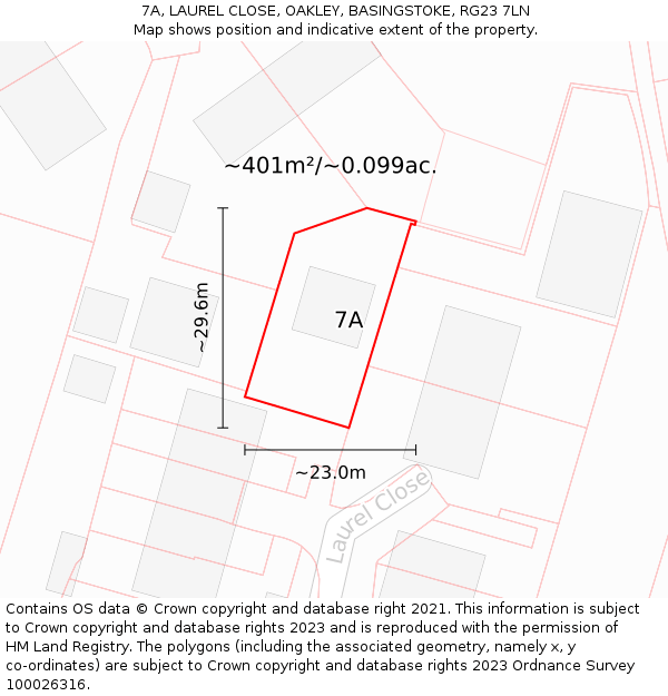 7A, LAUREL CLOSE, OAKLEY, BASINGSTOKE, RG23 7LN: Plot and title map