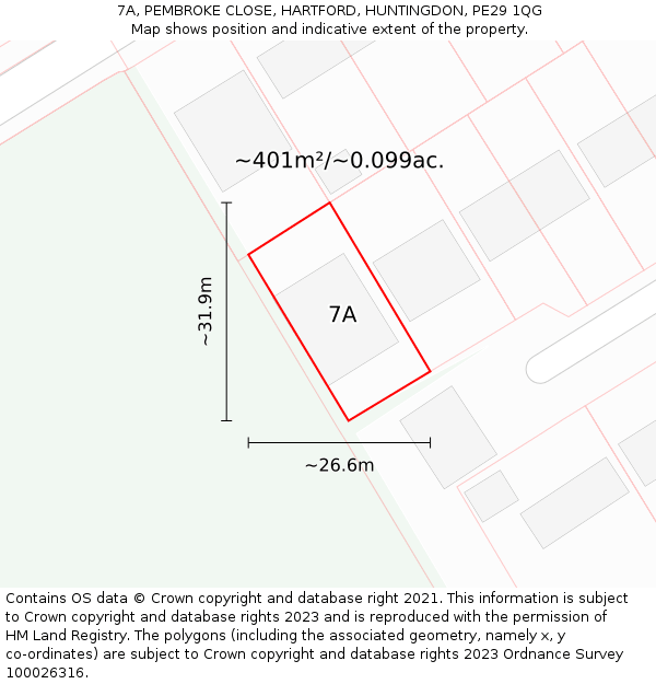 7A, PEMBROKE CLOSE, HARTFORD, HUNTINGDON, PE29 1QG: Plot and title map