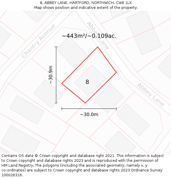 8, ABBEY LANE, HARTFORD, NORTHWICH, CW8 1LX: Plot and title map
