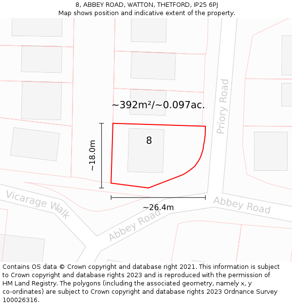 8, ABBEY ROAD, WATTON, THETFORD, IP25 6PJ: Plot and title map