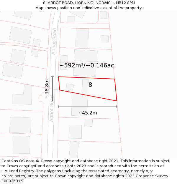 8, ABBOT ROAD, HORNING, NORWICH, NR12 8PN: Plot and title map