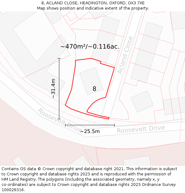 8, ACLAND CLOSE, HEADINGTON, OXFORD, OX3 7XE: Plot and title map