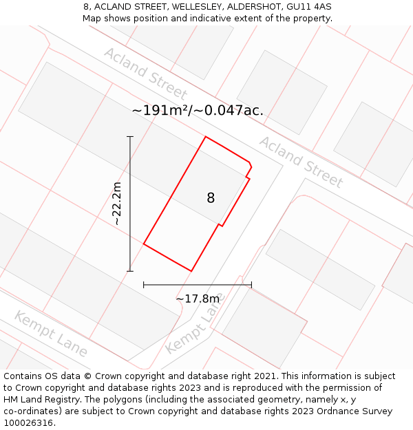 8, ACLAND STREET, WELLESLEY, ALDERSHOT, GU11 4AS: Plot and title map