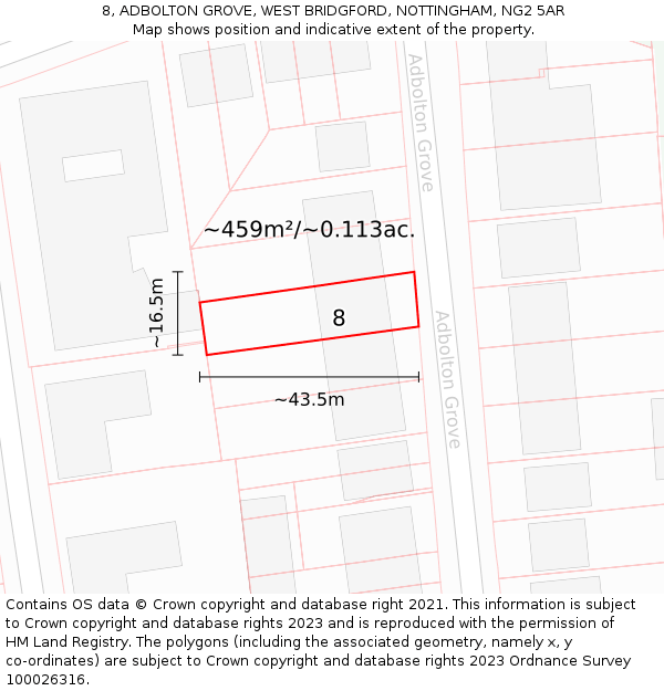 8, ADBOLTON GROVE, WEST BRIDGFORD, NOTTINGHAM, NG2 5AR: Plot and title map