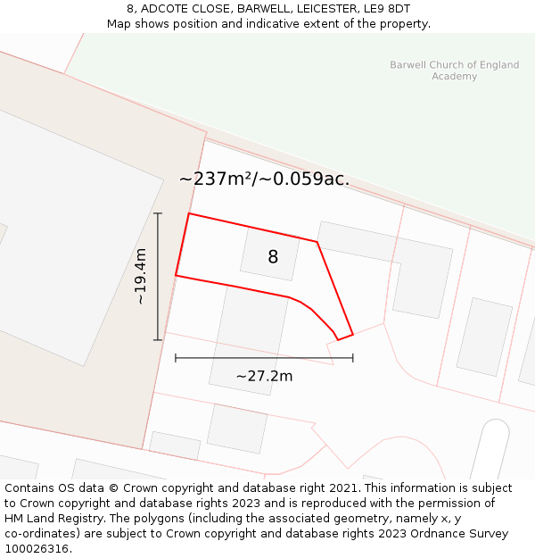 8, ADCOTE CLOSE, BARWELL, LEICESTER, LE9 8DT: Plot and title map