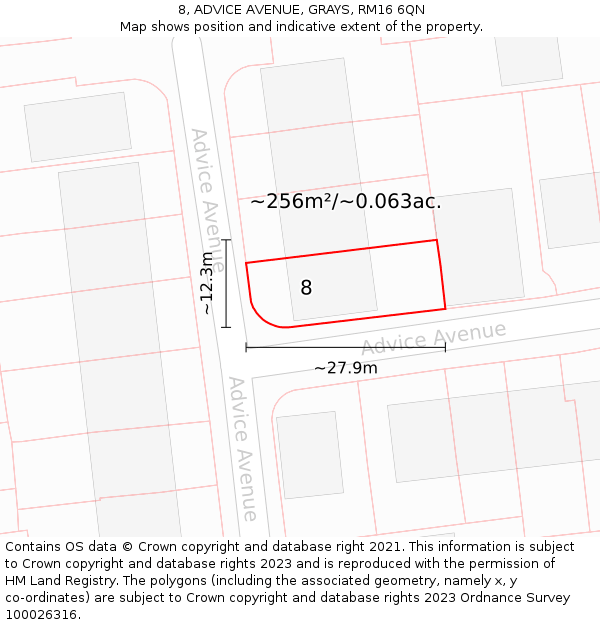 8, ADVICE AVENUE, GRAYS, RM16 6QN: Plot and title map