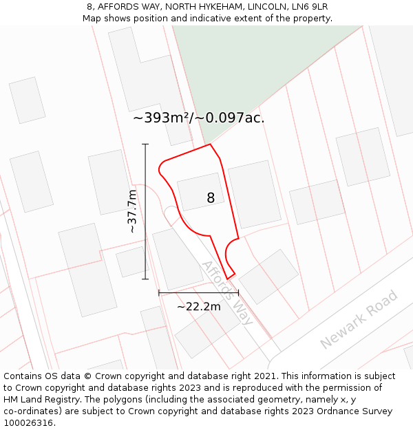 8, AFFORDS WAY, NORTH HYKEHAM, LINCOLN, LN6 9LR: Plot and title map