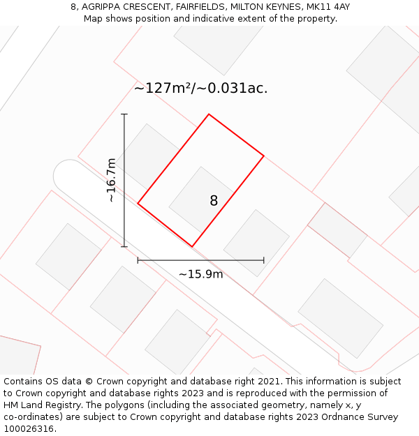 8, AGRIPPA CRESCENT, FAIRFIELDS, MILTON KEYNES, MK11 4AY: Plot and title map