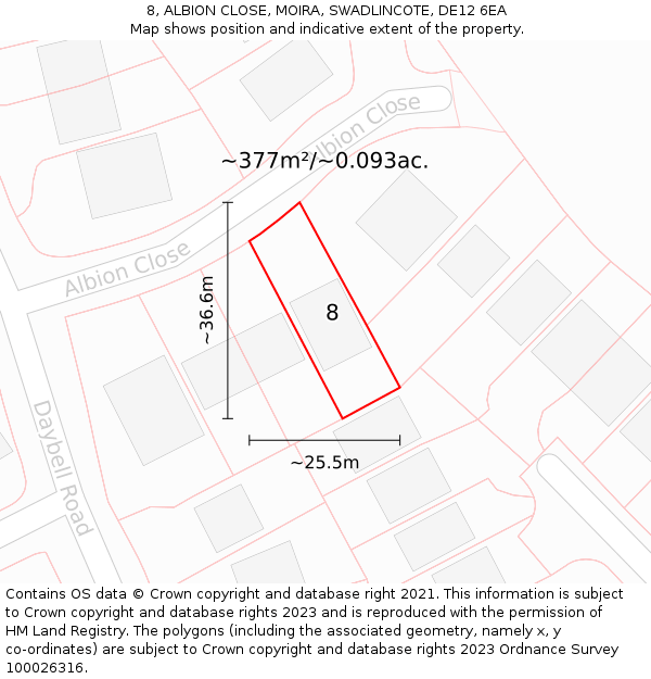 8, ALBION CLOSE, MOIRA, SWADLINCOTE, DE12 6EA: Plot and title map