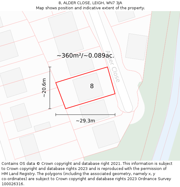 8, ALDER CLOSE, LEIGH, WN7 3JA: Plot and title map