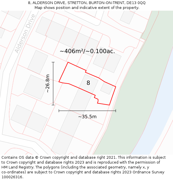 8, ALDERSON DRIVE, STRETTON, BURTON-ON-TRENT, DE13 0QQ: Plot and title map