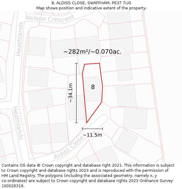 8, ALDISS CLOSE, SWAFFHAM, PE37 7UG: Plot and title map