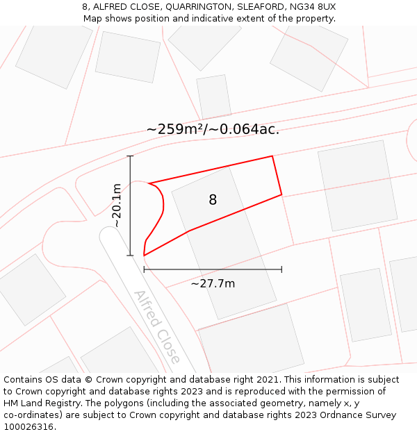 8, ALFRED CLOSE, QUARRINGTON, SLEAFORD, NG34 8UX: Plot and title map