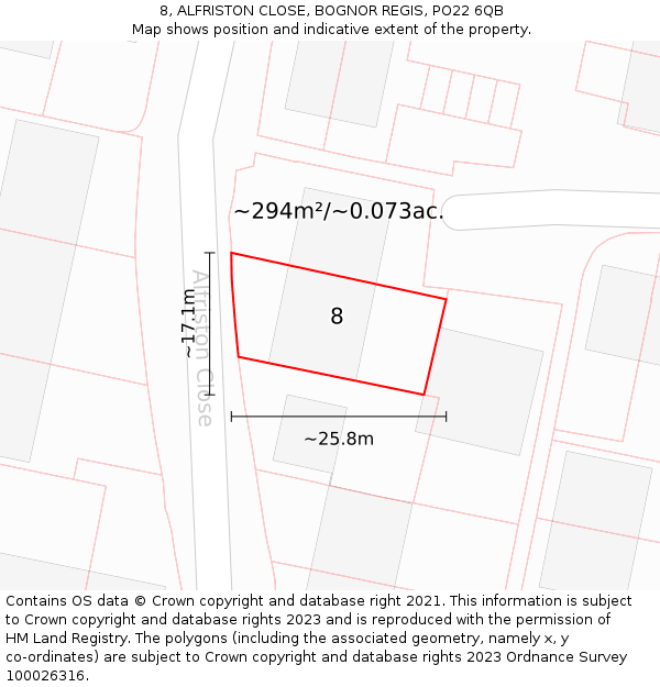 8, ALFRISTON CLOSE, BOGNOR REGIS, PO22 6QB: Plot and title map