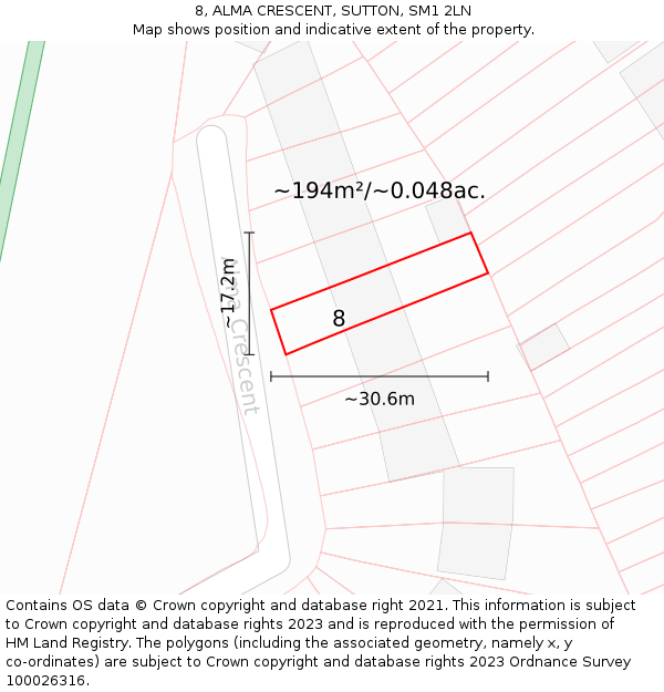 8, ALMA CRESCENT, SUTTON, SM1 2LN: Plot and title map