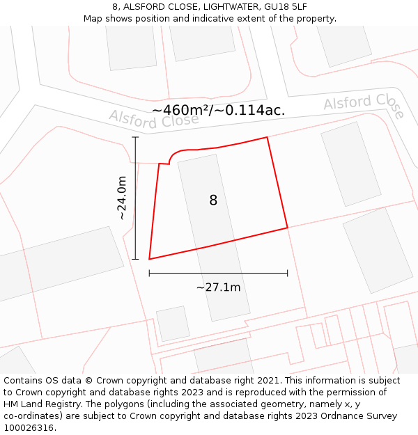 8, ALSFORD CLOSE, LIGHTWATER, GU18 5LF: Plot and title map