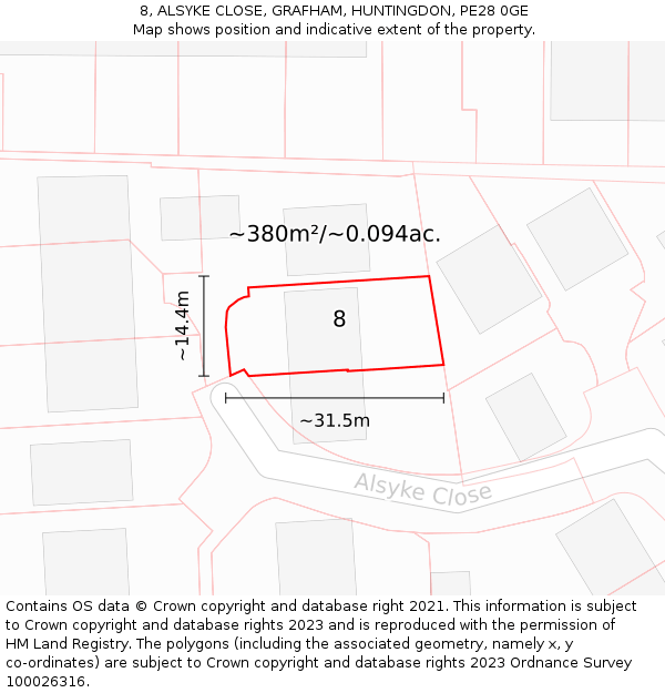 8, ALSYKE CLOSE, GRAFHAM, HUNTINGDON, PE28 0GE: Plot and title map