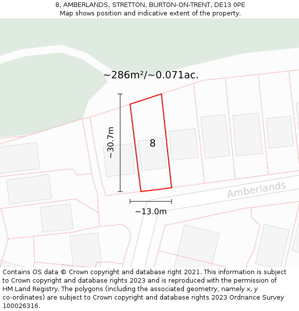 8, AMBERLANDS, STRETTON, BURTON-ON-TRENT, DE13 0PE: Plot and title map