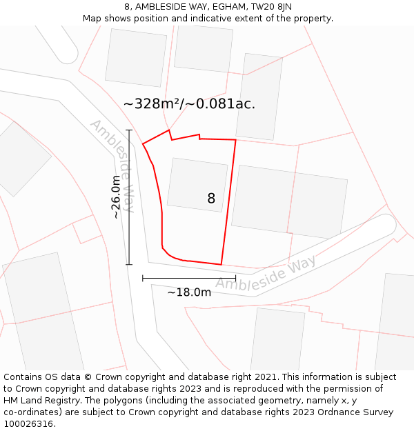 8, AMBLESIDE WAY, EGHAM, TW20 8JN: Plot and title map