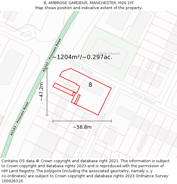 8, AMBROSE GARDENS, MANCHESTER, M20 2YF: Plot and title map