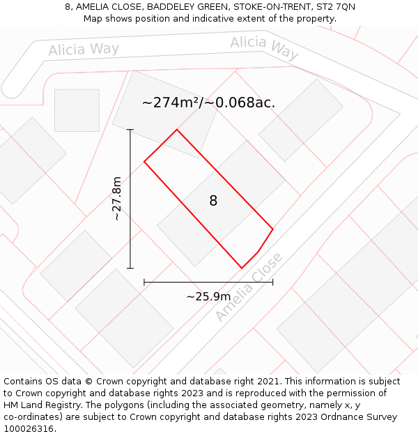 8, AMELIA CLOSE, BADDELEY GREEN, STOKE-ON-TRENT, ST2 7QN: Plot and title map