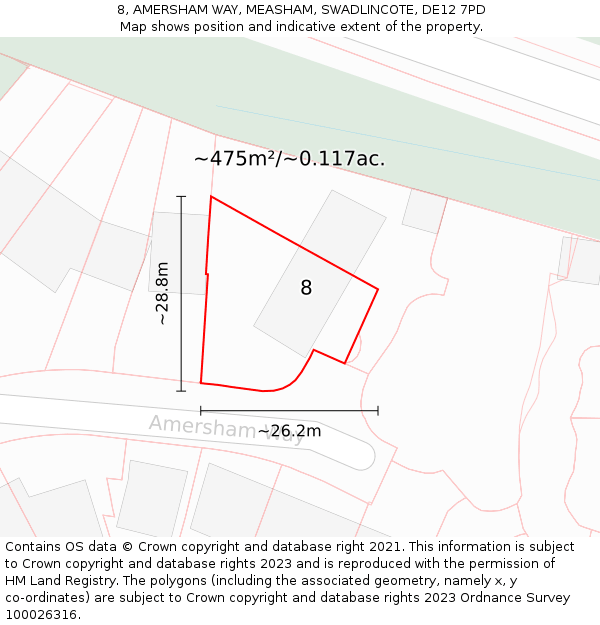 8, AMERSHAM WAY, MEASHAM, SWADLINCOTE, DE12 7PD: Plot and title map