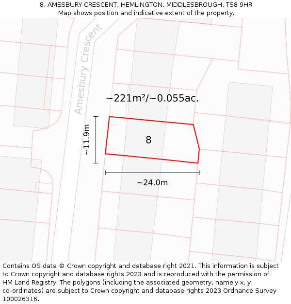 8, AMESBURY CRESCENT, HEMLINGTON, MIDDLESBROUGH, TS8 9HR: Plot and title map