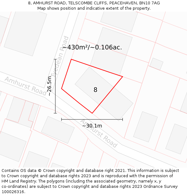 8, AMHURST ROAD, TELSCOMBE CLIFFS, PEACEHAVEN, BN10 7AG: Plot and title map