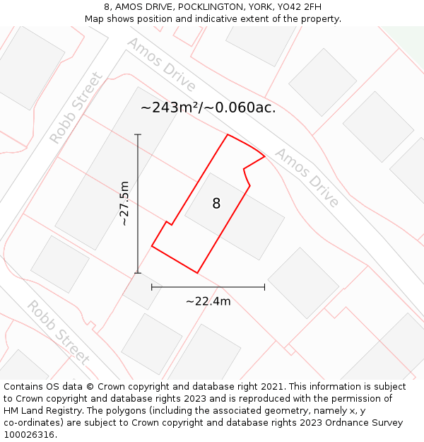 8, AMOS DRIVE, POCKLINGTON, YORK, YO42 2FH: Plot and title map