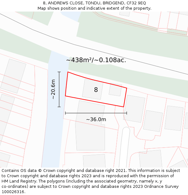 8, ANDREWS CLOSE, TONDU, BRIDGEND, CF32 9EQ: Plot and title map