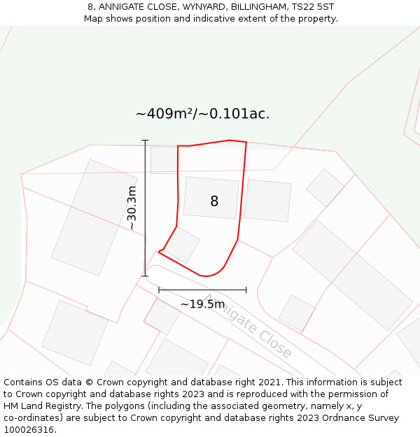 8, ANNIGATE CLOSE, WYNYARD, BILLINGHAM, TS22 5ST: Plot and title map