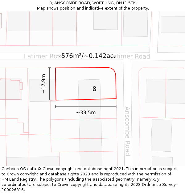 8, ANSCOMBE ROAD, WORTHING, BN11 5EN: Plot and title map