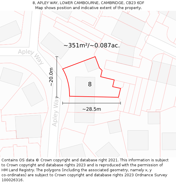 8, APLEY WAY, LOWER CAMBOURNE, CAMBRIDGE, CB23 6DF: Plot and title map