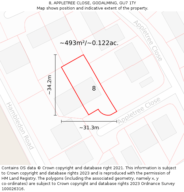 8, APPLETREE CLOSE, GODALMING, GU7 1TY: Plot and title map