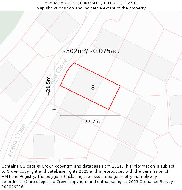 8, ARALIA CLOSE, PRIORSLEE, TELFORD, TF2 9TL: Plot and title map