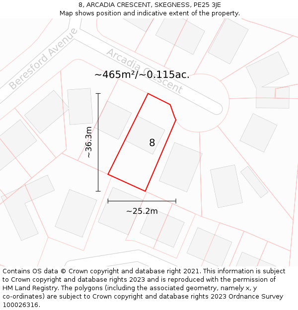 8, ARCADIA CRESCENT, SKEGNESS, PE25 3JE: Plot and title map