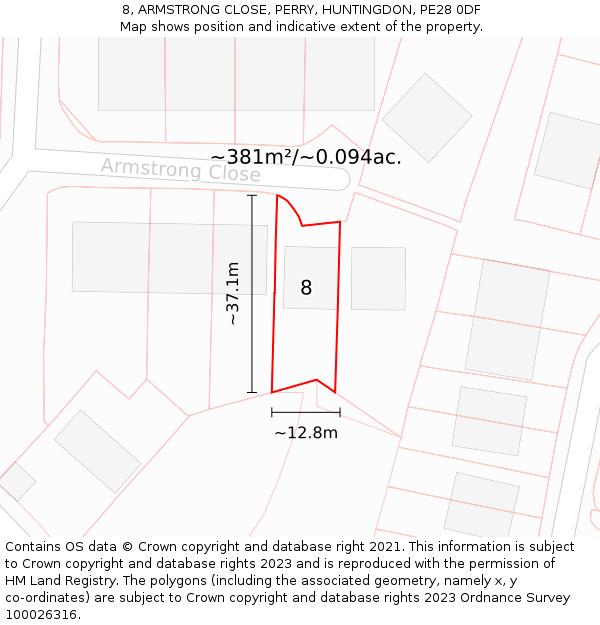 8, ARMSTRONG CLOSE, PERRY, HUNTINGDON, PE28 0DF: Plot and title map