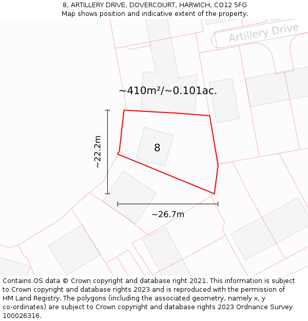 8, ARTILLERY DRIVE, DOVERCOURT, HARWICH, CO12 5FG: Plot and title map